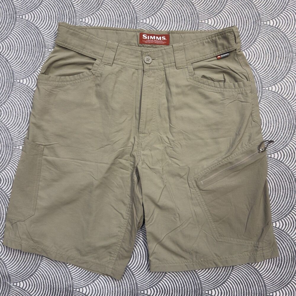 Simms Fishing Shorts Adjustable Waist Zip Pockets Stretch Tan Men M EUC